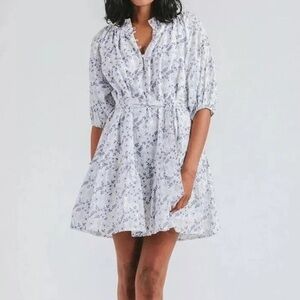 Cleobella Nevah Puff Sleeve Floral Mini Dress Blue White Belted Size L